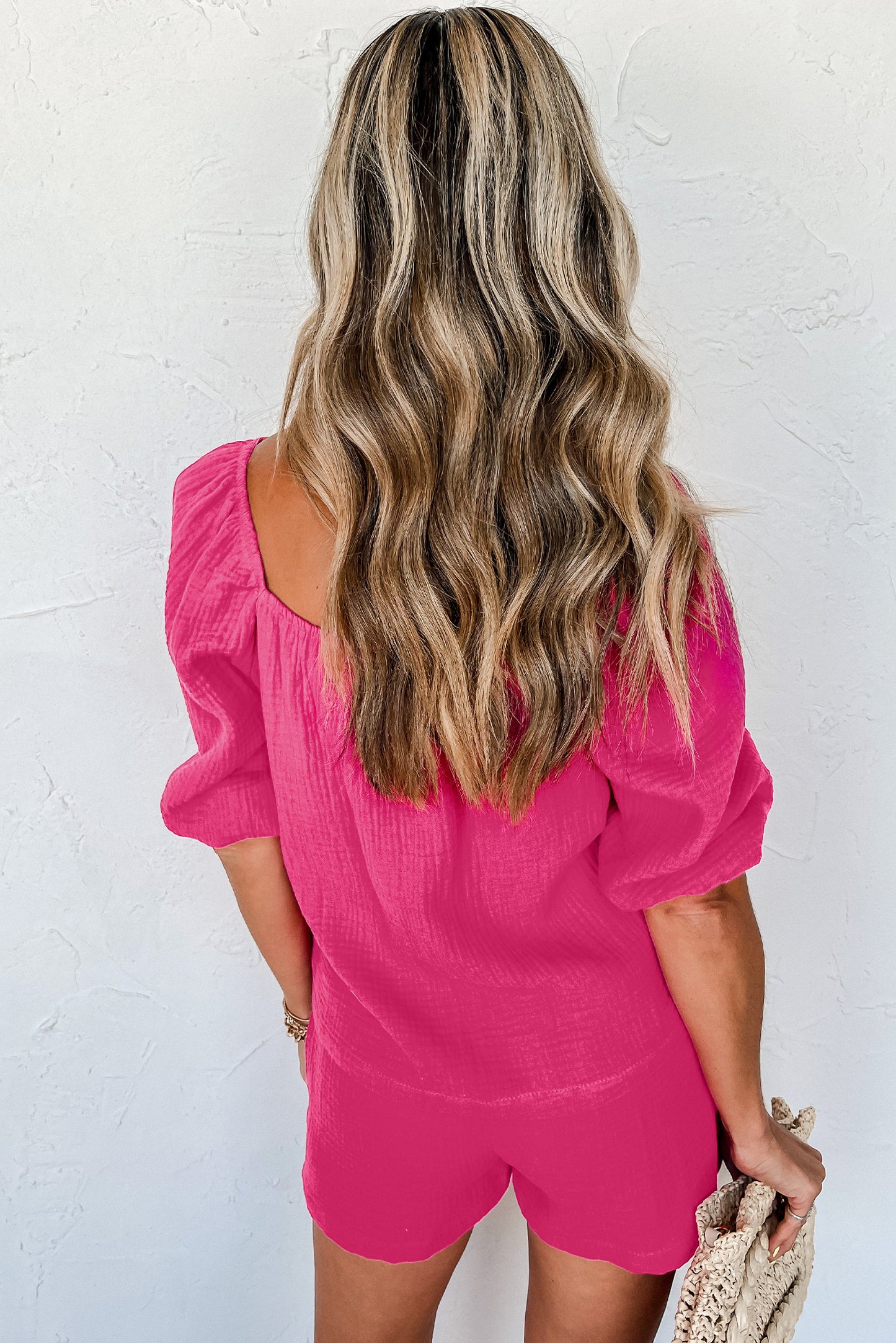 Bright Pink Crinkled Short Sleeve and Shorts